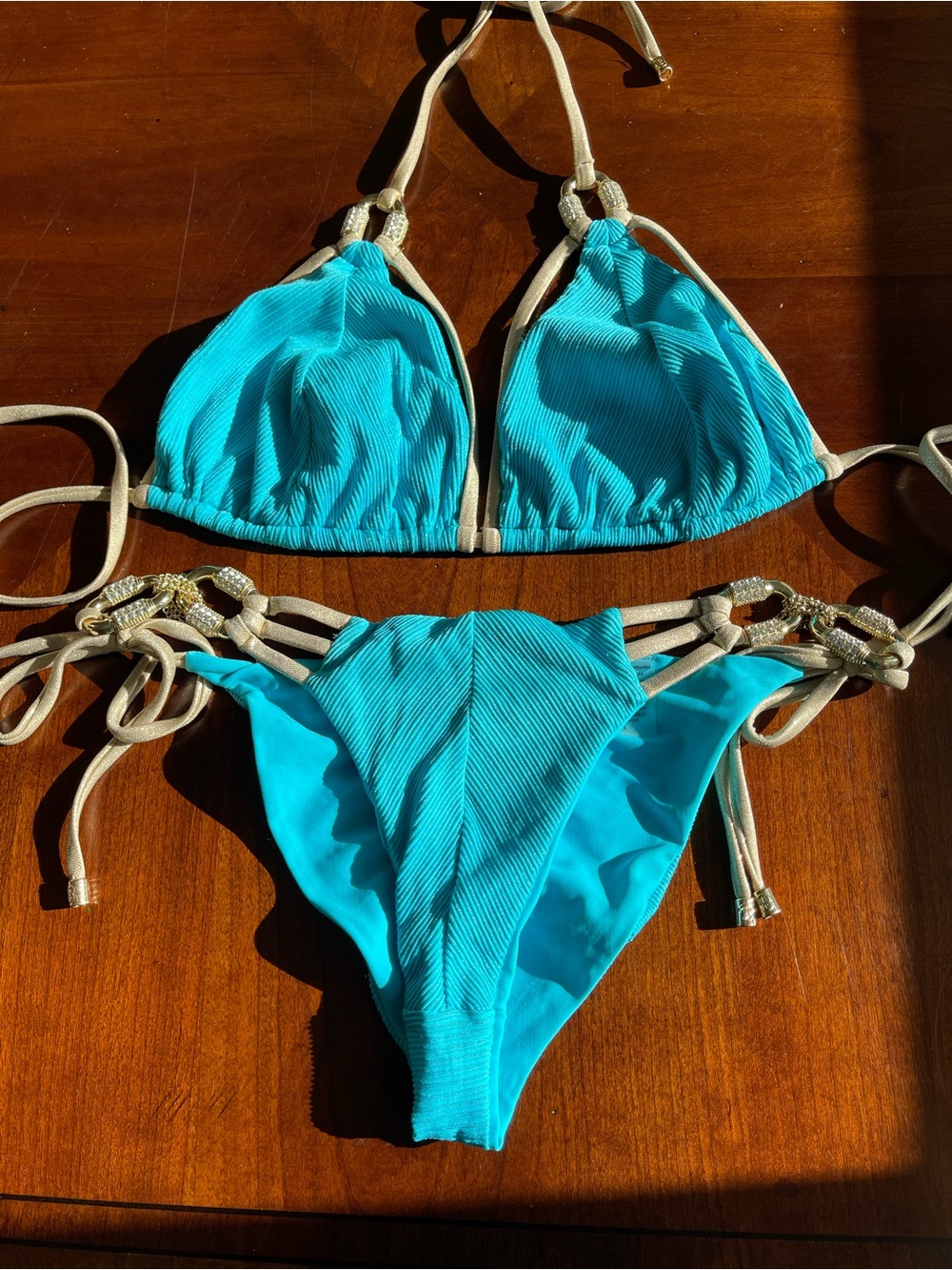 ON RESERVE: Beach Bunny Turquoise Bikini with gold hardware and Straps DD/L se - Picture 2 of 12